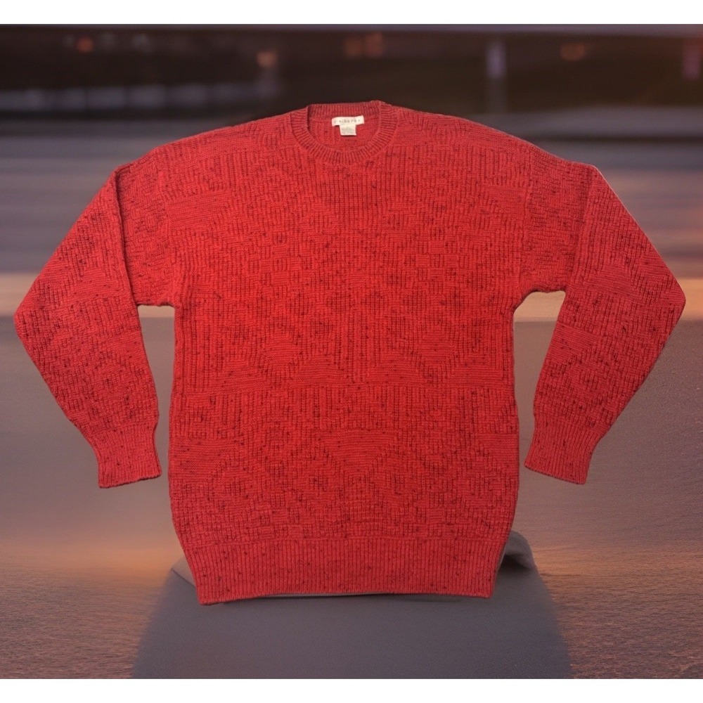Vintage Claiborne Knit Sweater Made In USA Size XL Geometric Pattern Inlay Red